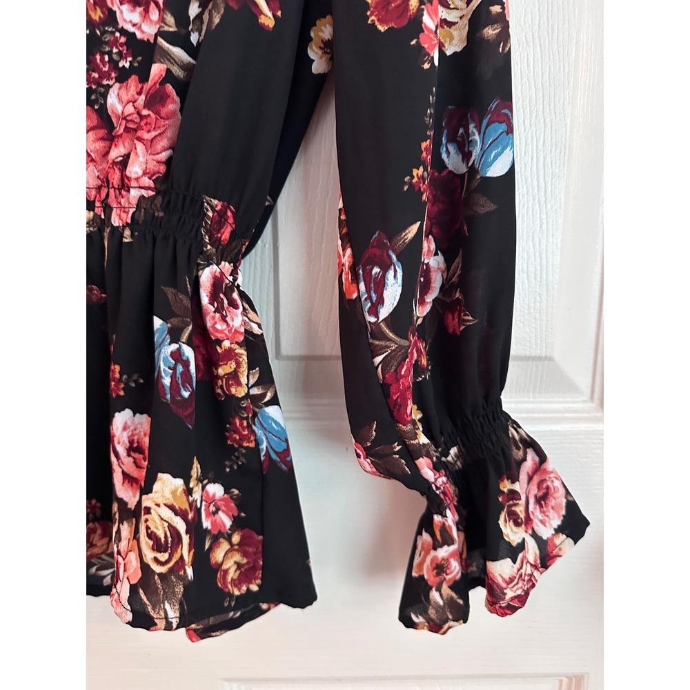 Black Floral Blouse S Romantic Boho Peplum Bell Sleeve Cottagecore Dark Academia - Picture 3 of 7